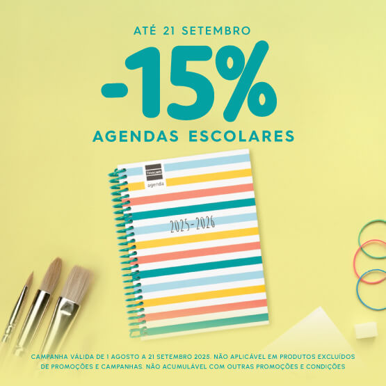 agenda escolar colorida às riscas num fundo verde 